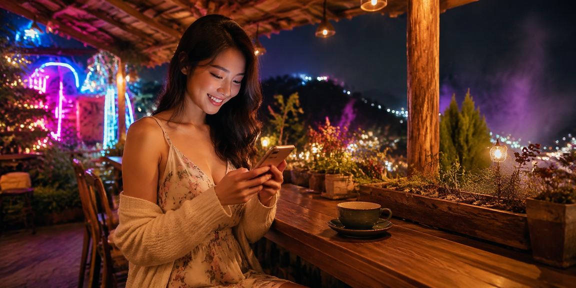 Người dùng xem xổ số và đặt cược tại quán cà phê Đà Lạt buổi sáng