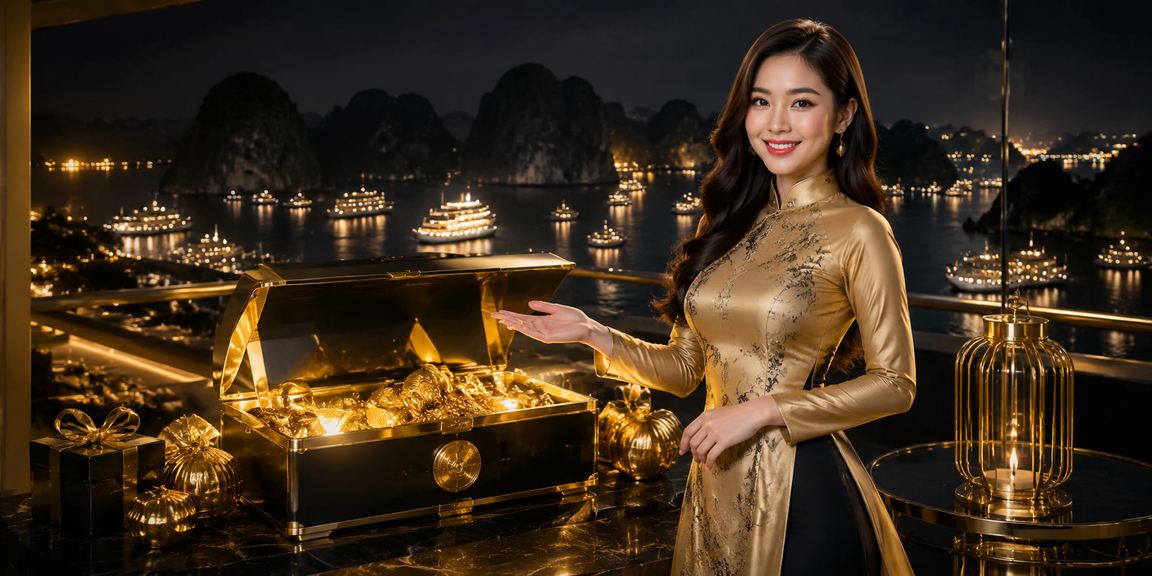 Người mặc áo dài đặt cược trực tuyến với phong cảnh Vịnh Hạ Long phía sau